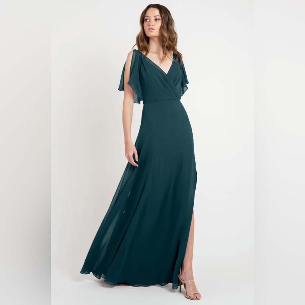 Jenny Yoo Teal V-Neck Chiffon Evening Gown